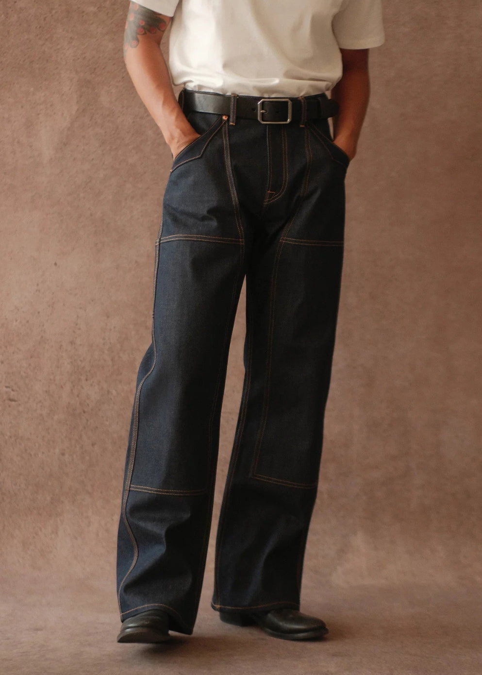Double-kasuri slub double-knee lumber denim jeans  #MC001