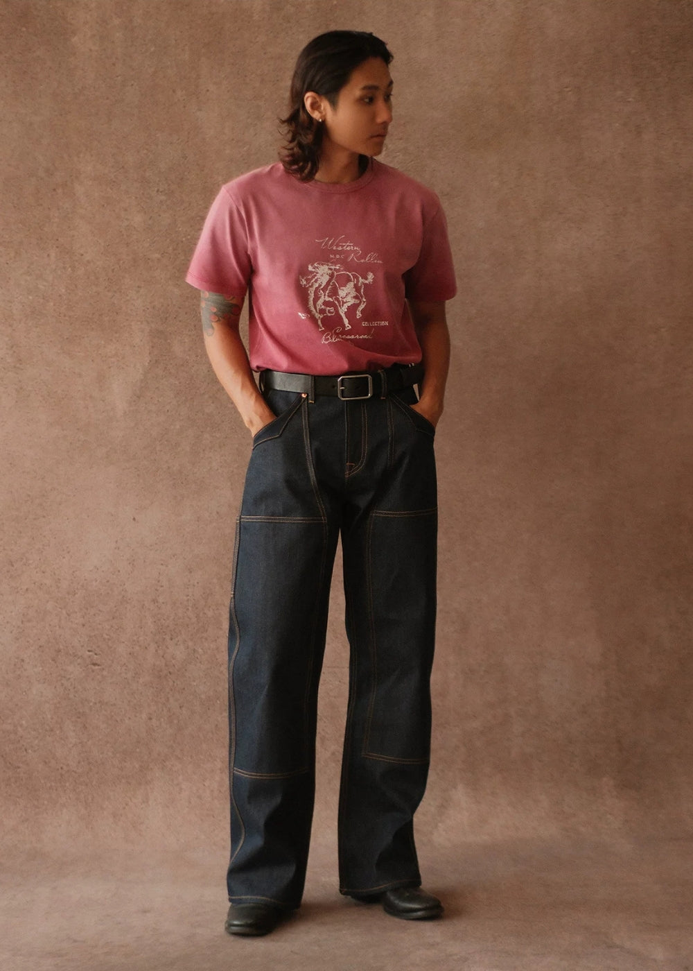 Double-kasuri slub double-knee lumber denim jeans  #MC001
