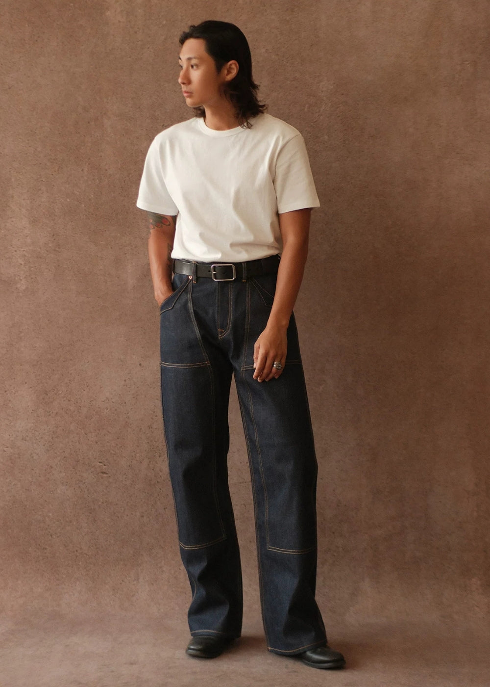 Double-kasuri slub double-knee lumber denim jeans  #MC001